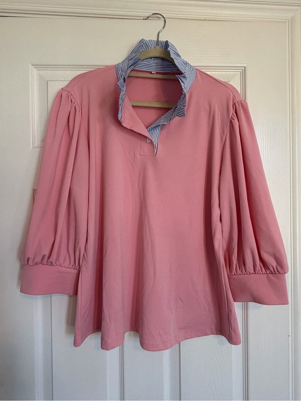 Women’s Pink Puff-Sleeve Blouse with Contrast Collar